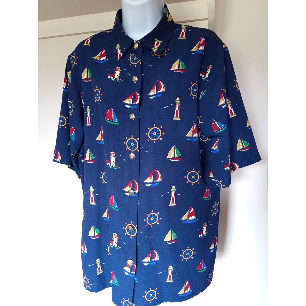 BonWorth Womens Navy Blue Nautical Sailboat Lighthouse Button Up Blouse Medium